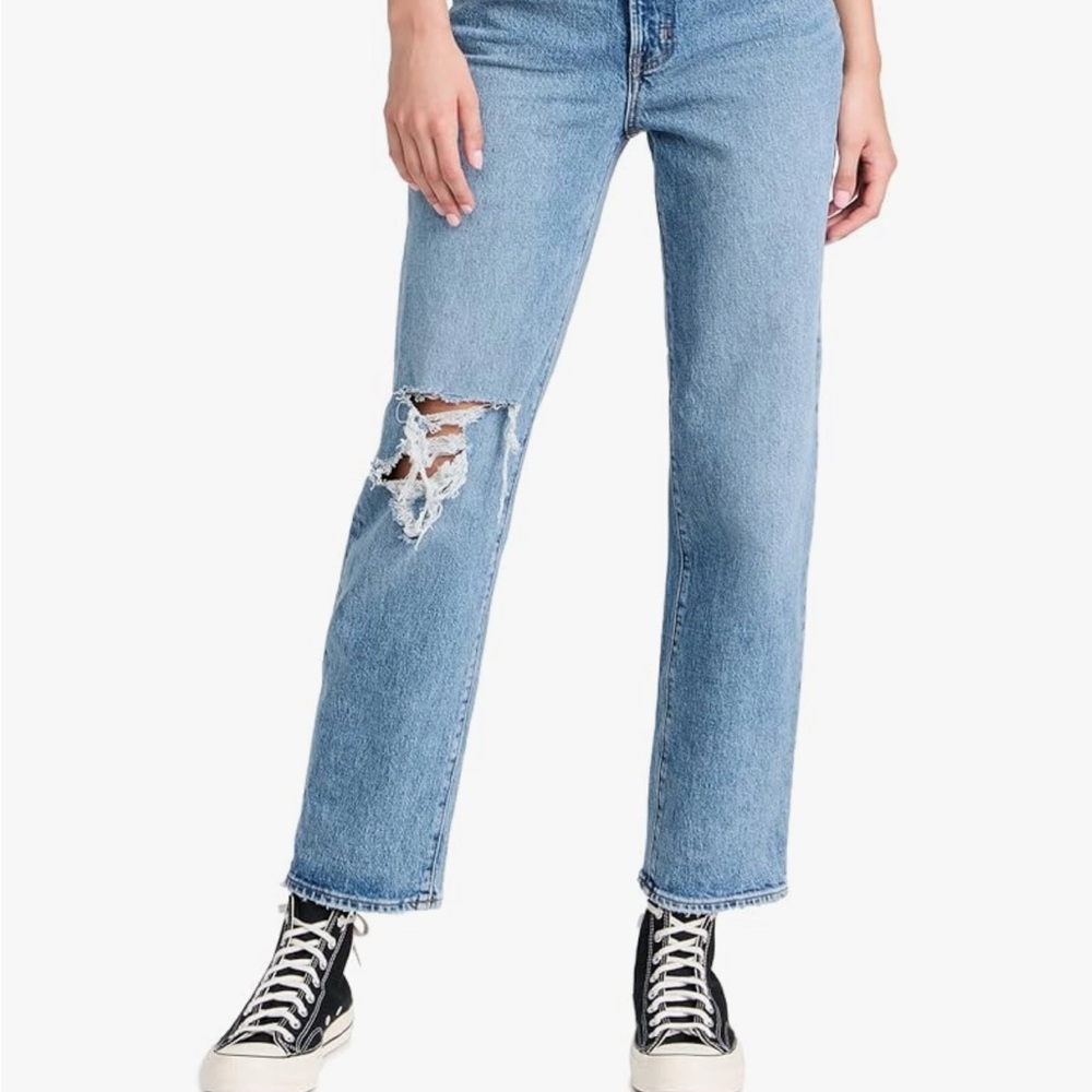 Madewell Blue Straight Leg Jeans with Distressed Details
